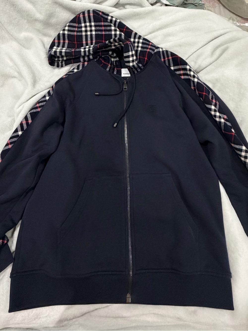 Burberry Men’s Navy Full Zip Hooded Check Trim Cotton Zip Hoodie, Size Large